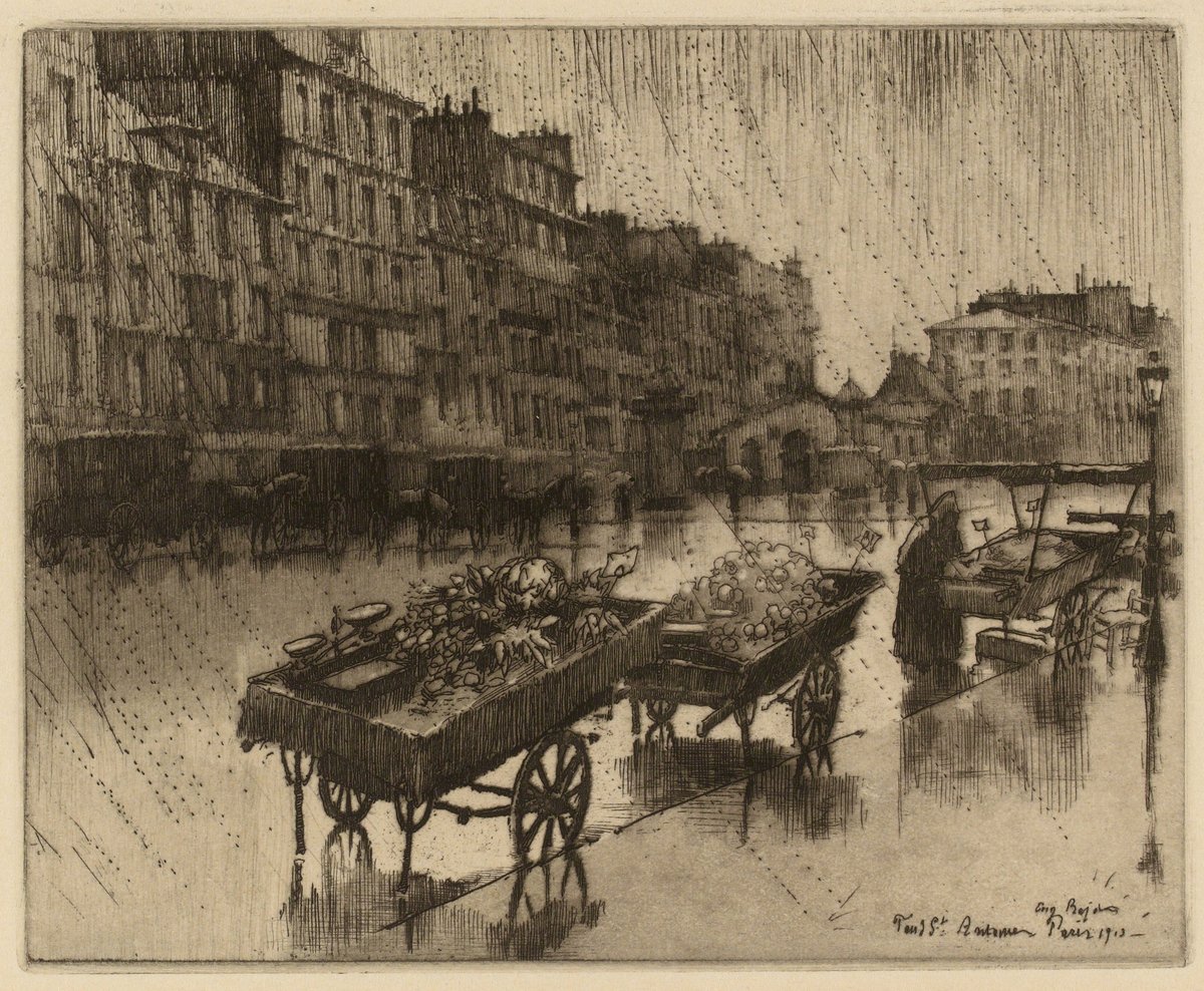 Eau-forte de 1903 : voitures de marchands sous la pluie dans le faubourg Saint-Antoine